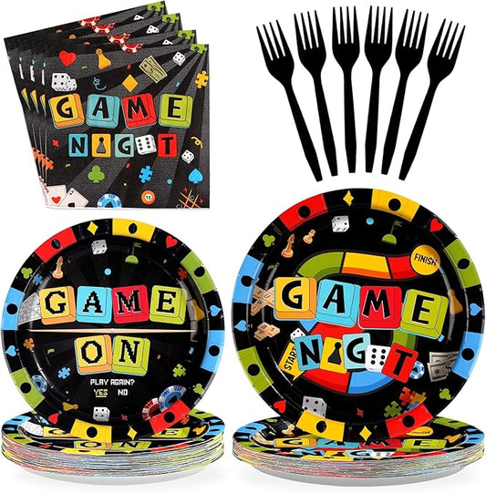 Grencian 96Pcs Game Night Party Supplies Black Family Game Party Decorations Plates and Napkins Disposable Family Gamer Paper Tableware Set for Kids Adults Birthday Games On Favors Serves 24