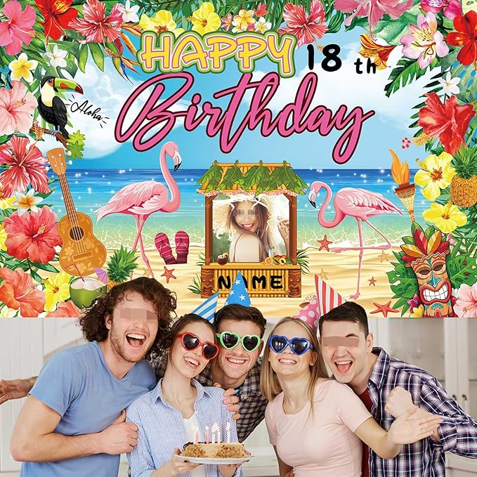 Custom Happy Birthday Banner Flamingo Themed Party Decoration Backdrop Party Supplies Tropical Floral Photo Booth Hawaiian Themed Party Decoration for Luau Beach (6x9ft)