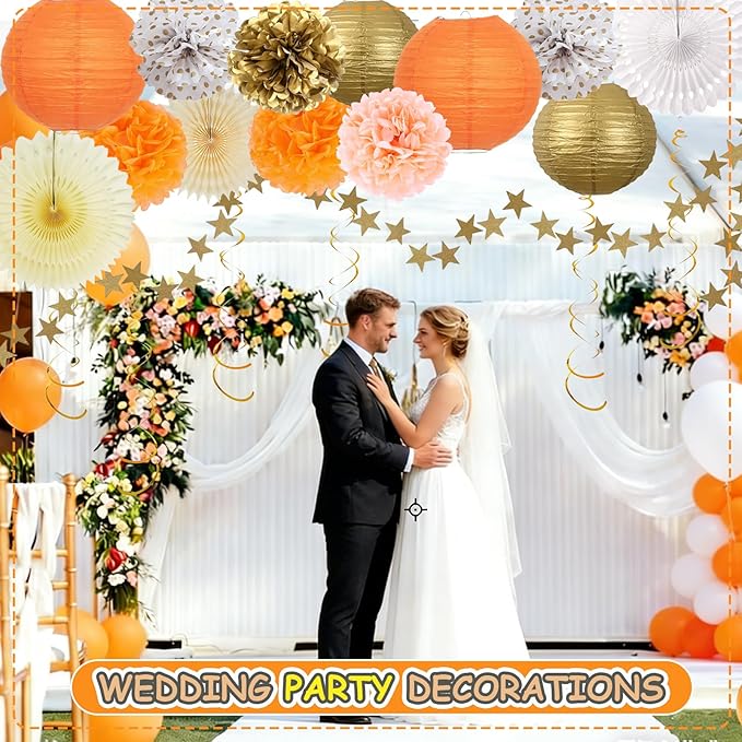 20Pcs Birthday Decorations Paper Fans Lanterns,Fall Party Decorations Pom Poms Flowers,Orange Champagne Gold Bohemian Style Party Decoration for Autumn Girls Women Baby Shower Wedding Thanksgiving