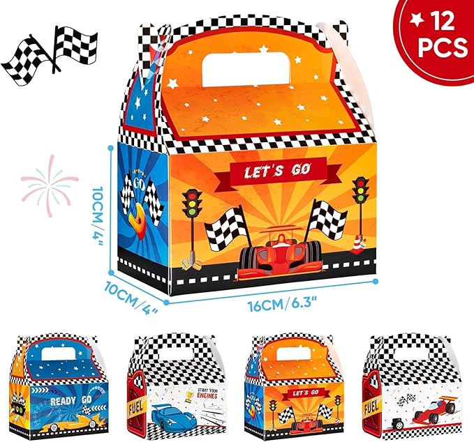 WERNNSAI 12 PCS Race Car Party Favor Boxes - Race Car Birthday Party Decorations Checkered Candy Treat Boxes Racing Party Favors for Kids Boys Let's Go Racing Car Party Supplies