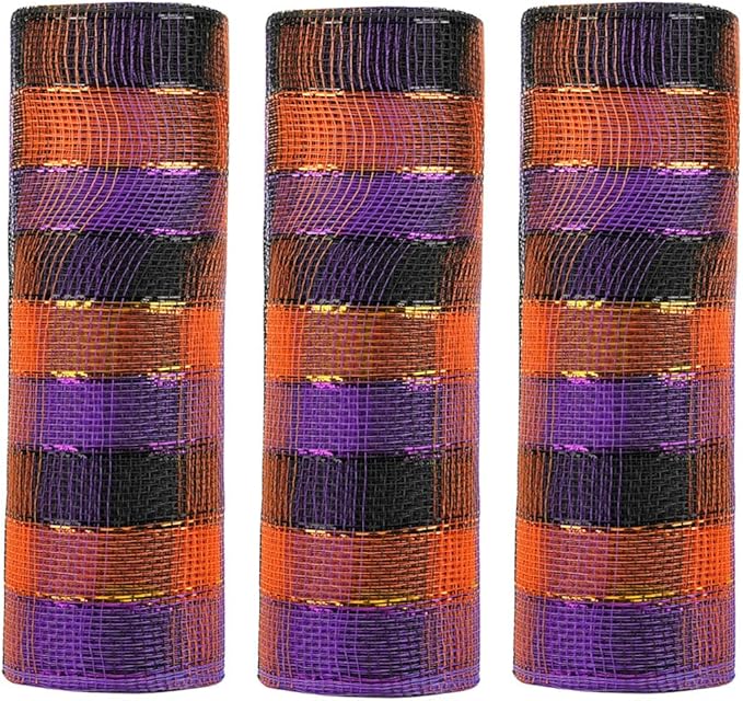 3 Rolls Orange Purple Black Stripe Deco Mesh Ribbon for Wreath Making Supplies, 10 Inch x 30FT Metallic Foil Burlap Deco Mesh Fabric for Fall Thanksgiving Halloween Wreath Swags Decor