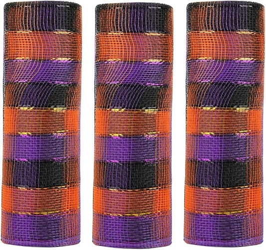 3 Rolls Orange Purple Black Stripe Deco Mesh Ribbon for Wreath Making Supplies, 10 Inch x 30FT Metallic Foil Burlap Deco Mesh Fabric for Fall Thanksgiving Halloween Wreath Swags Decor