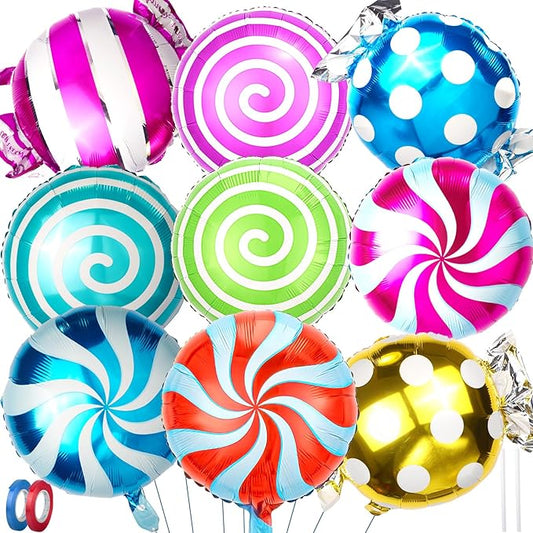 Sweet Candy Balloons 9Pcs 18in Foil Balloons - Christmas Birthday Halloween Party Decorations, Round Lollipop & Candy Balloon for Baby Shower Supplies | Durable,Quick Setup (Style1, 9)