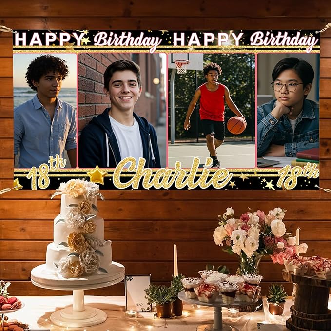 Personalized Happy Birthday Banner with Pictures, Custom Backdrop Decorations for Men Husband Him, Celebration Party Banner with Name for All Age Events