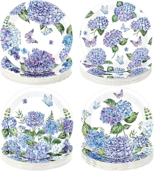 Zopeal 60 Pieces Hydrangea Paper Plates 9 Inch Disposable Floral Plates Spring Summer Blue Purple Garden Flowers Dinner Birthday Decorations for Baby Shower Bridal Wedding Floral Tea Party Supplies