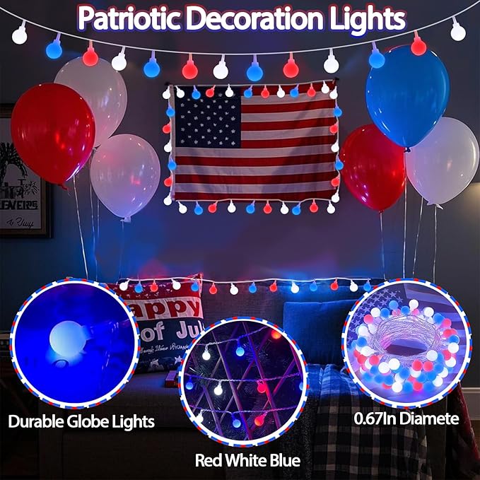 Connectable Red White and Blue String Lights Outdoor Indoor, 42FT 100LED 4th of July Decorations Plug in with Timer, 13 Modes Patriotic Globe Waterproof Fairy Lights for Independence Day Memorial Day