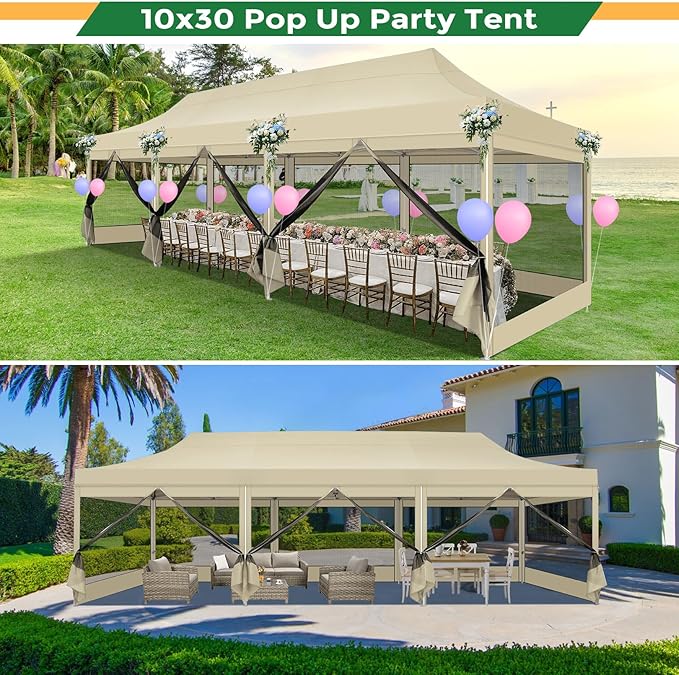 COBIZI 10x30 Heavy Duty Pop Up Canopy Tent with 8 Sidewalls, Easy Set Up Outdoor Waterproof Screen Commercial Party Tent with Mosquito Netting for Parties Backyard Patio, Roller Bag, Khaki