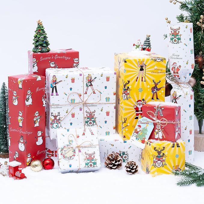 Larcenciel Music Christmas Gift Wrapping Paper Set with Xmas Gift Tags Twine & Tape, 6 Sheets Colorful Holiday Wrapping Paper, Rock Santa Snowman and Reindeer Design for Boy, Girly, Coworker, Friends