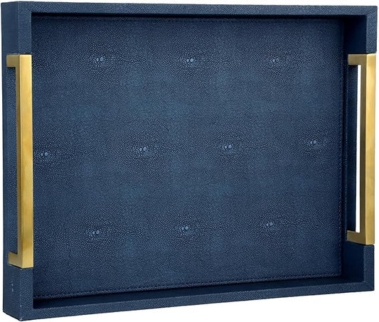 HofferRuffer Faux Leather Serving Tray with Gold Metal Handles, Stylish Decorative Tray Organizer for Coffee Table, Ottoman, Home Decor and Serving (Blue Shagreen, 16.2" x 12.2" x 2")