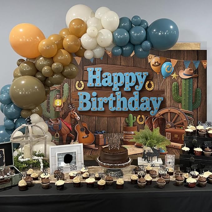 Mocsicka Western Cowboy Birthday Backdrop Wild West Happy Brithday Party Decorations Banner for Boys Western Themed Party Photography Bakground Supplies (Brown, 8x6ft(96"x72"))