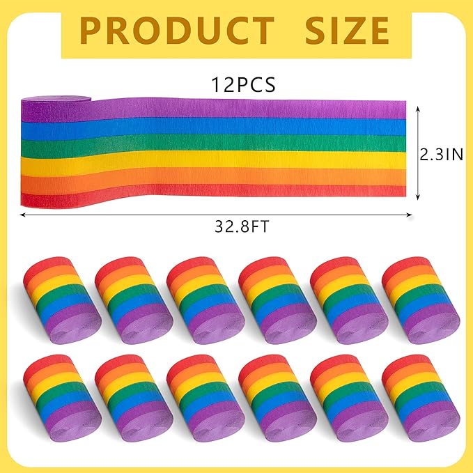 Tlswshsy 12 Rolls Rainbow Crepe Paper Streamers, 394 ft Colorful Crepe Rolls, Rainbow Streamer Paper Decoration for Pride Day Gay LGBT Birthday Wedding Ceremony Baby Shower Festivals Party DIY Crafts