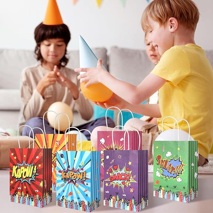 20Pcs Superhero Party Favors Bags with Handles, Comic Hero Kraft Paper Bags for Kids, Goodie Bags Candy Treat Gift Bags for Boom Hero Theme Birthday Baby Shower Party Supplies