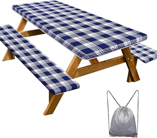 Play Tailor Picnic Table Cover with Bench Covers Camping Essentials Waterproof Windproof Camping Tablecloth with Drawstring Bag, Fitted Rectangle Tables and Seats, 96in, Blue Checkered