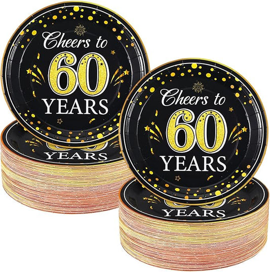 Sunnyray 100 Pack 9 Inch Anniversary Birthday Party Plates Cheers to Years Disposable Paper Plates Black Gold Dinner for Birthday Anniversary Party Supplies(60th)