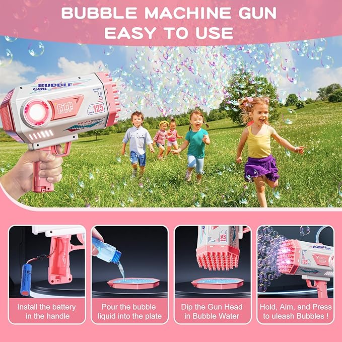 Deserthome Bubble Gun, Upgraded 125 Holes Bubble Guns for Wedding, Pink Bubble Machine for Kids Age 3 4 5 6 7 8 9 10 11 12 Year Old, Big Bubble Blower Gun with Lights, Easter Outdoor Party Favors