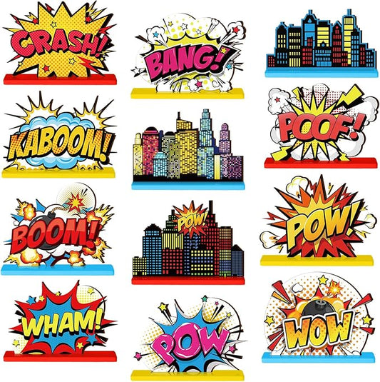 Marsui 12 Pcs Hero Themed Party Decoration Hero Wooden Centerpieces Table Toppers Party Favors Sign Table Centerpiece Decor for Happy Birthday Baby Shower Supplies Favor