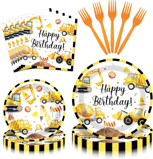 100 Pieces Construction Truck Tableware Set Party Supplies – Happy Birthday Yellow Digger Pattern Disposable Plates, Napkins, and Forks Dinnerware for Boys Birthday Construction Theme Celebrations