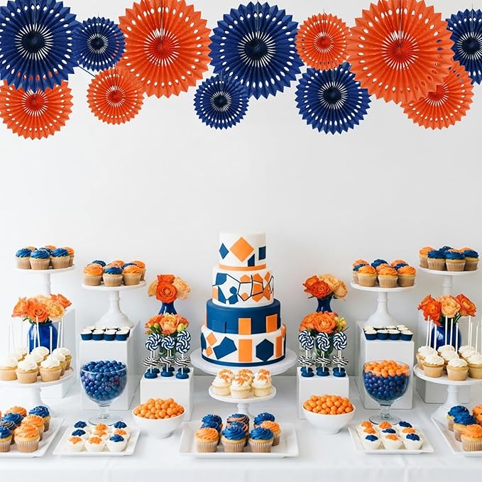 BEISHIDA Blue Orange Tissue Hanging Honeycomb Round Paper Fans Decoration Set for Birthday Baby Shower Bachelorette Wedding Photo Booth Backdrops Anniversary Paper Party Supplies(12 Packs)