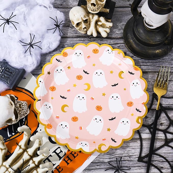 JarThenaAMCS 50Pcs Halloween Paper Plates Pink Ghost Disposable Plates 9 Inch Cute Boo Ghost Decorative Dinner Plate with Gold Foil Scalloped Edge for Trick or Treat Halloween Birthday Party Supplies