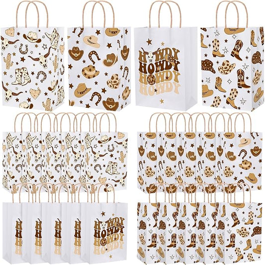 Gaillty 24 Pcs Western Cowboy Paper Bags Boot Hat Brown Cowboy Gift Bags Wild West Goodie Candy Treat Bag with Handles for Birthday Baby Shower Bachelorette Party Supplies Western Party Decorations