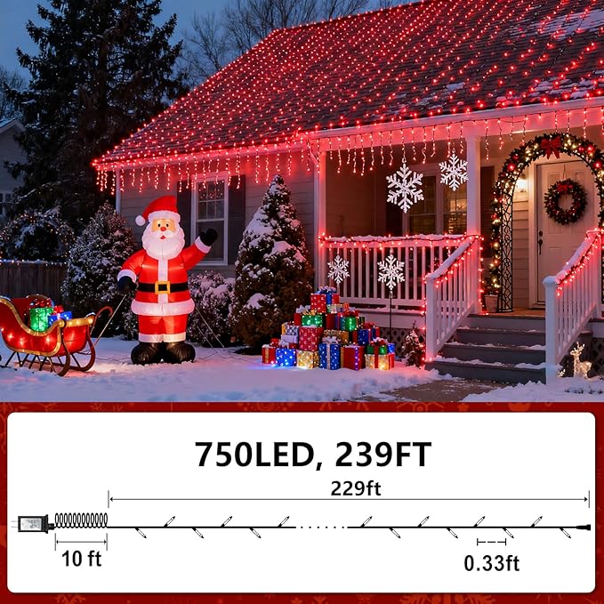 750 LED 230FT Christmas String Lights Outdoor with 12 Lighting Modes, Green Wire Christmas Lights with Timer & Dimmable, Waterproof Plug in Fairy Lights for Room Party Home Patio Wedding Xmas, Red