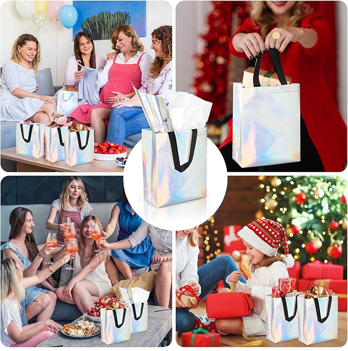 GouZaak 30 Pack Iridescent Gift Bags, Holographic Reusable Gift Bags With Black Handles And 2 Style Tissue Paper, 8 x 4 x 10 Inch Medium Size, Iridescent Party Favor Bags For Wedding Birthday Holiday