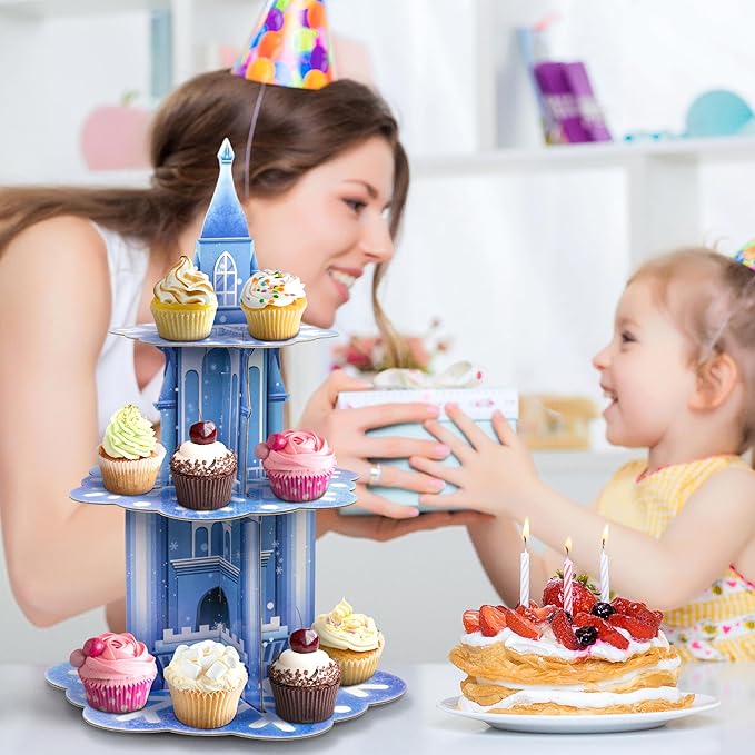 3 Tier Frozen Cupcake Stand Holder, Thickened Cupcake Tower for Boys Girls Kids Birthday Party Christmas Supplies Decorations Winter Snow Themed Cake Holder Dessert Display Stand