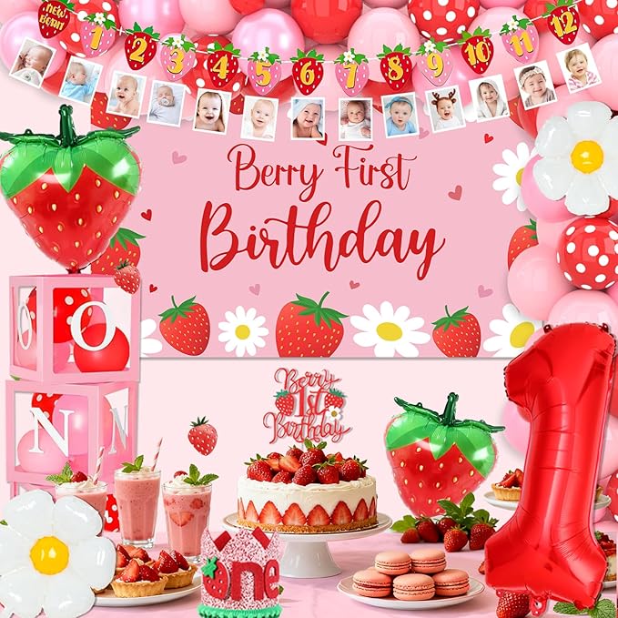 Berry First Birthday Decor, Strawberry 1st Birthday Decorations for Girls with Balloon Arch Kit Berry First Theme Balloon Boxes Crown Strawberry Cake Toppers Photo Banner Girl 1st Party supplies