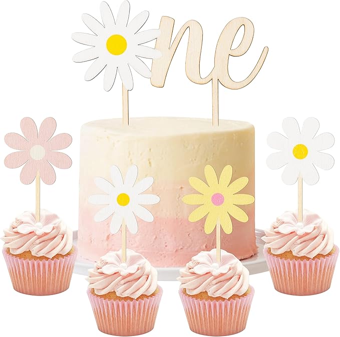 Daisy ONE Cake Topper - 5 Pcs Wood Painted Colorful Boho Groovy Daisy Flower Dessert Cupcake Topper Food Safe Cake Picks Cheers Decorations Featuring Baby Shower Kids Birthday Party Supplies