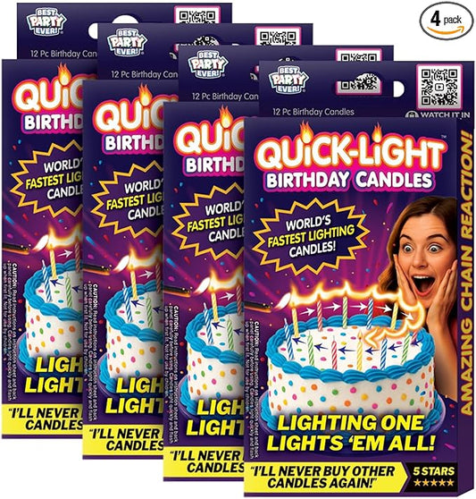 BEST PARTY EVER! Quick Light Birthday Candles - Amazing Chain Reaction - Lighting One Candle Lights Them All - Multi-Color - Great for Birthdays and More - 4-Pack (48 Candles)