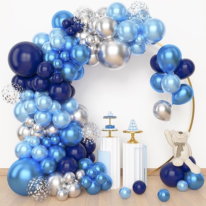 Amandir 153pcs Blue and Silver Balloon Garland Arch Kit, Different Sizes 18 12 10 5 inch Royal Navy Blue Latex Metallic Confetti Balloons for Graduation Wedding Shower Birthday Party Decorations