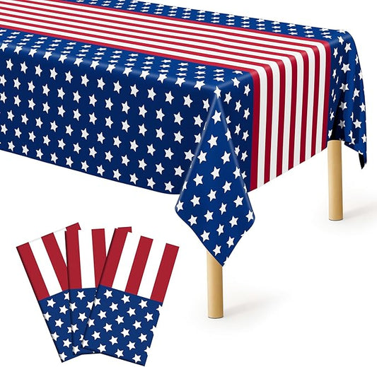 3Pcs 4th of July Tablecloths, 108" X 54" 250th Anniversary Patriotic Plastic Tablecloth, Rectangle 4th of July Table Cloth Red White Blue Tablecover, USA Party Supplies Independence Day Decorations