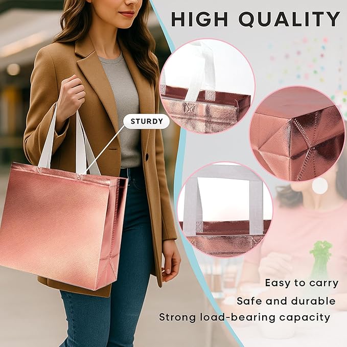VGOODALL 15 Pack Gift Bags with Handles, 12.6" x 5" x 11" Rose Gold Reusable Gift Bags Bulk for Birthday Wedding Party Favor Goodie