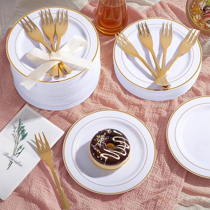 WELLIFE 60 PCS Gold Plastic Dessert Plates and 60 PCS Forks, 6.3 inch Disposable Salad Plates, Premium White Appetizer Plates with Gold Rims, Perfect for Party and Wedding