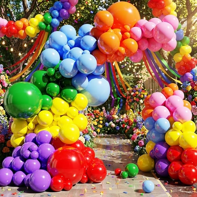 Rainbow Colorful Balloons Arch Kit, 131pcs Red Blue Green Yellow Party Balloons Garland with Different Size for Birthday, Baby Shower, Anniversary Party Decorations