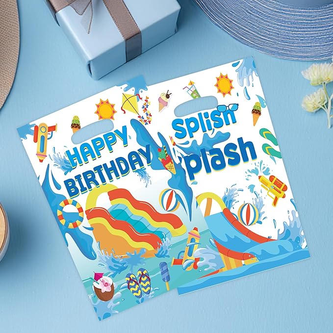 MOIZYNG 50Pcs Splish Splash Summer Birthday Gift Bags with Handles, Blue Splish Splash Happy Birthday Plastic Candy Treat Goodie Bags for Summer Pool Party Favors Supplies