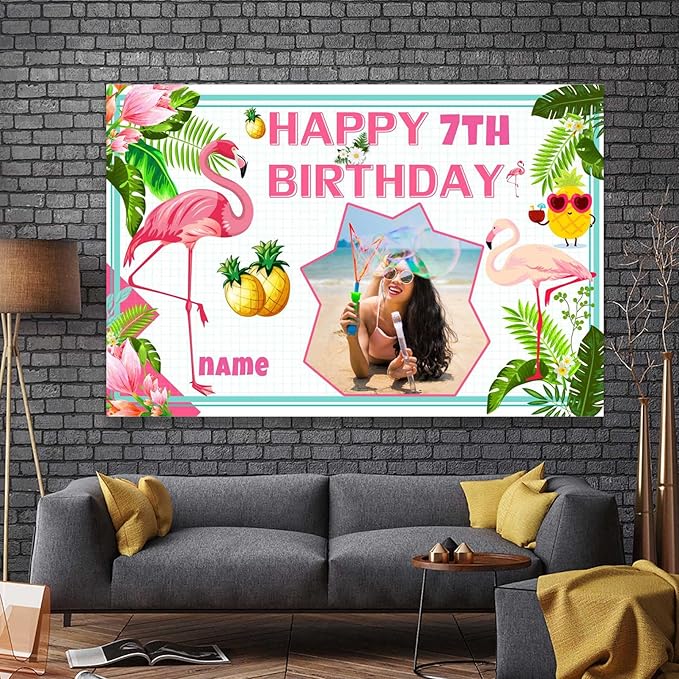 Custom Flamingo Hawaiian Tropical Happy Birthday Party Decorations Supplies Personalized Flamingo Hawaiian Tropical Birthday Luau Party Backdrop Banner(4x6ft)