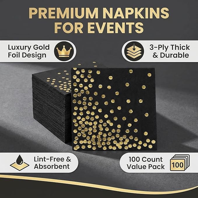 100 Pack Balck Gold Cocktail Napkins with Gold Foil Polka Dot, 3-Ply Party Paper Napkins, 5 x 5 Inches Bar Napkin Disaposable for Weddings, Birthdays, Baby Showers, Anniversaries, and Cocktail Parties
