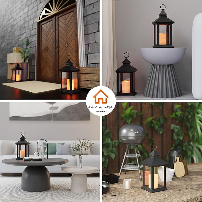 14" Lanterns Decorative Indoor/Outdoor, 2 Pack Black Lantern Decor with Timer Candle, Waterproof Battery Operated Outdoor Lanterns, Vintage Hanging Lanterns for Patio, Porch, Entryway, Centerpieces