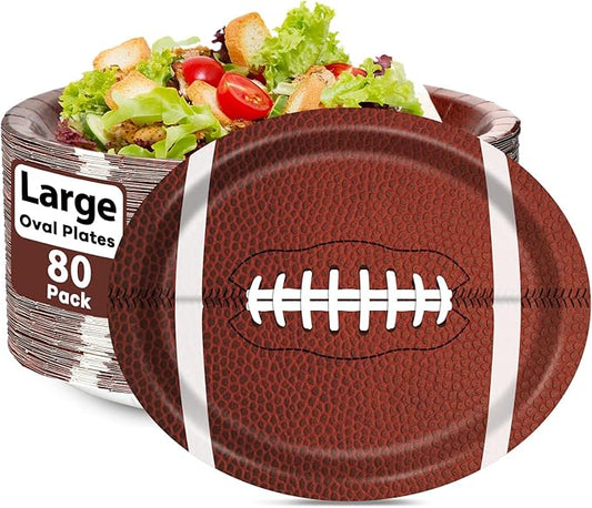 80 PCS Football Oval Paper Plates Large 11” Disposable American Rugby Sport Platters, Touch Down Boy Birthday Theme Party Heavy Duty Dish Tray for BBQ Gathering Picnic Carnival Dinner Party Tableware