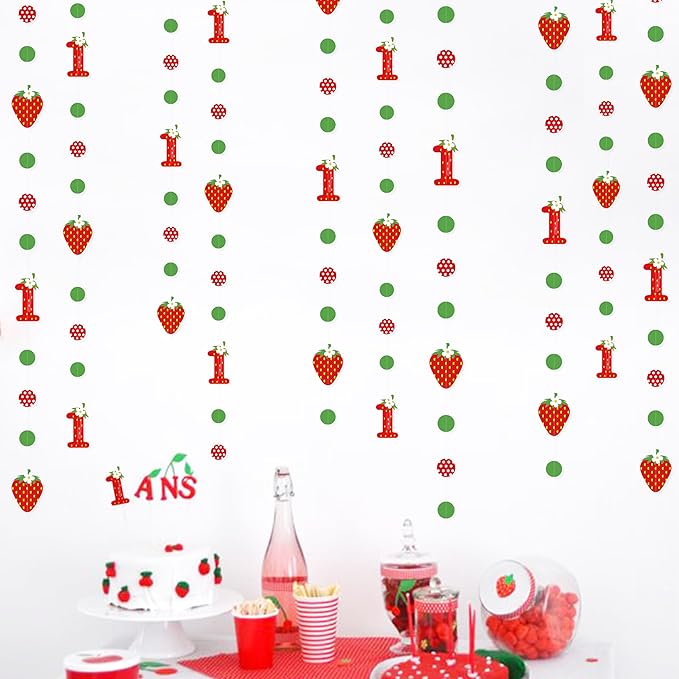 pinkblume Strawberry 1st Birthday Party Decorations Sweet Strawberry Fruit Theme Circle Dot Garland One Berry First Birthday Polka Dots Streamer for Girl Happy 1st Year Decorations Supplies