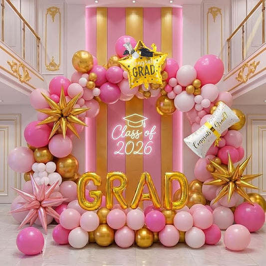 Pink Graduation Balloon Garland Arch Kit 122PCS with Graduation Star Certificate Letter Mylar Foil Balloons for Graduate Class of 2026 Grad Prom party Decorations Supplies (Hot Pink White)