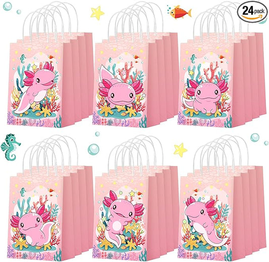 Kolldenn 24 Pcs Axolotl Party Favors Bags Amphibian Themed Gift Paper Goodie Bags Cute Animals Candy Treat Pouch‌ with Handles for Axolotl Themed Birthday Party Decorations Supplies