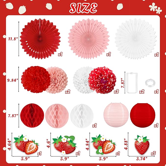 26pcs Strawberry Birthday Party Decorations – Red Pink White Paper Fans, Tissue Pom Poms for Berry Sweet Girl 1st , Baby Shower, Shortcake Theme Supplies