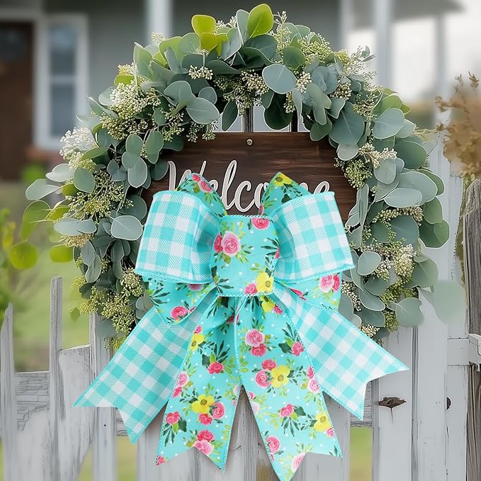 LaRibbons Blue Floral Ribbon Wired 2 Rolls 2.5 Inch x 20 Yards TTL, Rose Flower and Buffalo Plaid Burlap Ribbon for Spring Summer Crafts Gift Wrapping Wreath Bow Basket Decoration