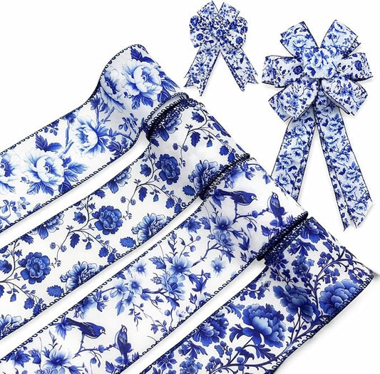 Blue and White Wired Edge Ribbon, 2.5 Inch x 20 Yards Floral Fabric Ribbon for Wreath Bow, DIY Crafts, Gift Wrapping, Wedding, Bridal Shower,4 Rolls (White and Blue)
