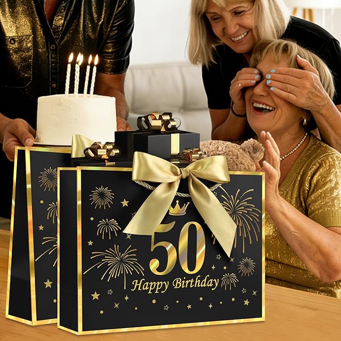 JMANNI Black Gold 50th Birthday Gift Bag with Card and Tissue Paper, 12.6"×9.84"×3.9" Elegant Present Bag for Men Women, 50 Year Old Birthday Keepsake Party Supplies