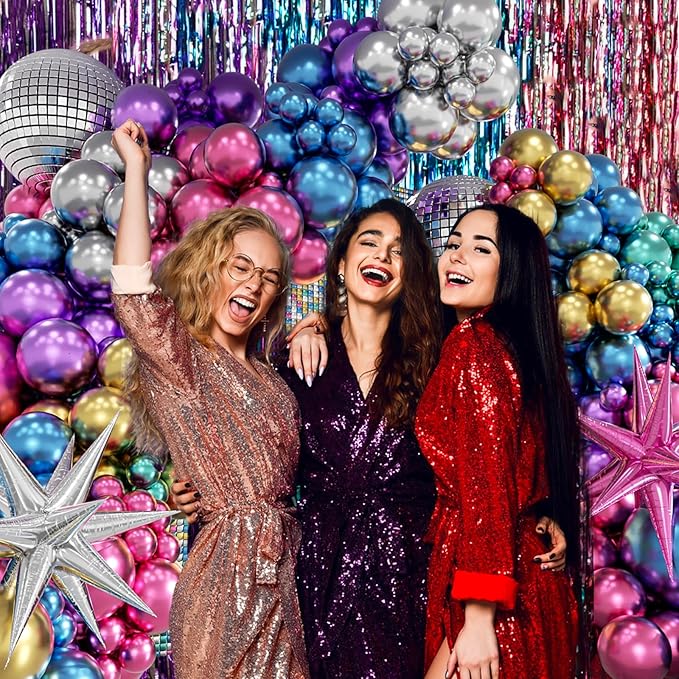 FOTIOMRG 135pcs Disco Balloon Arch Kit with Disco Ball Balloons Silver Blue Green Purple Hot Pink Gold Metallic Balloons, Star Disco Foil Balloons for Birthday 70S 80S 90S Disco Party Decoration