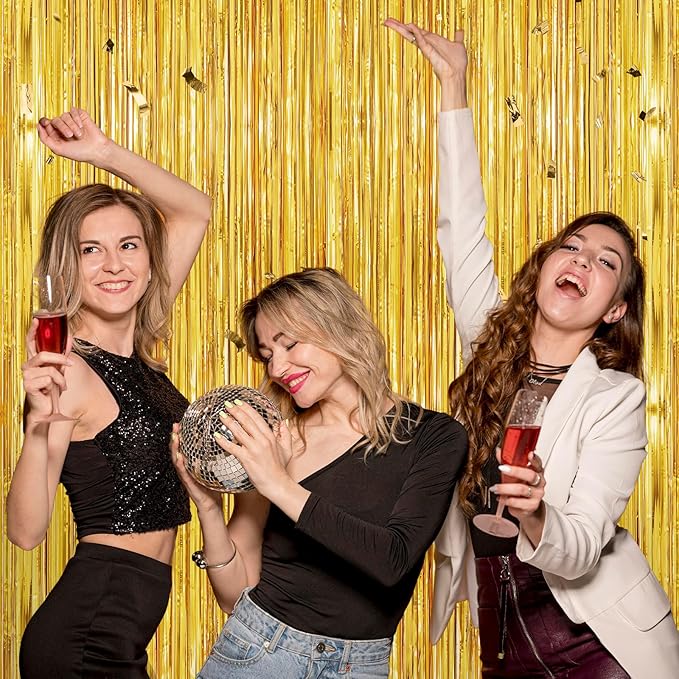 Gold Metallic Tinsel Foil Fringe Curtains Backdrop 2Pack 3.3x8.3Ft Gold Party Streamers for Birthday Party Decorations Halloween Christmas Decors Foil Curtain Backdrop for Bachelorette Wedding