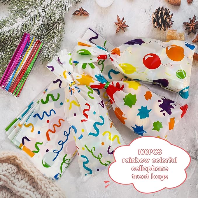 100Pcs Clear Cellophane Bags,5 X 11 Inches Cellophane Treat Bags,100 Twist Ties,for Gift Wrapping,Packaging Candies,Dessert,Bakery, Cookies, Chocolate,Party Party Decorations